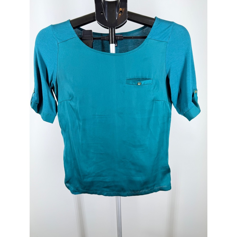 The Limited Teal Mixed Media Roll Tab Sleeve Blouse Top XS